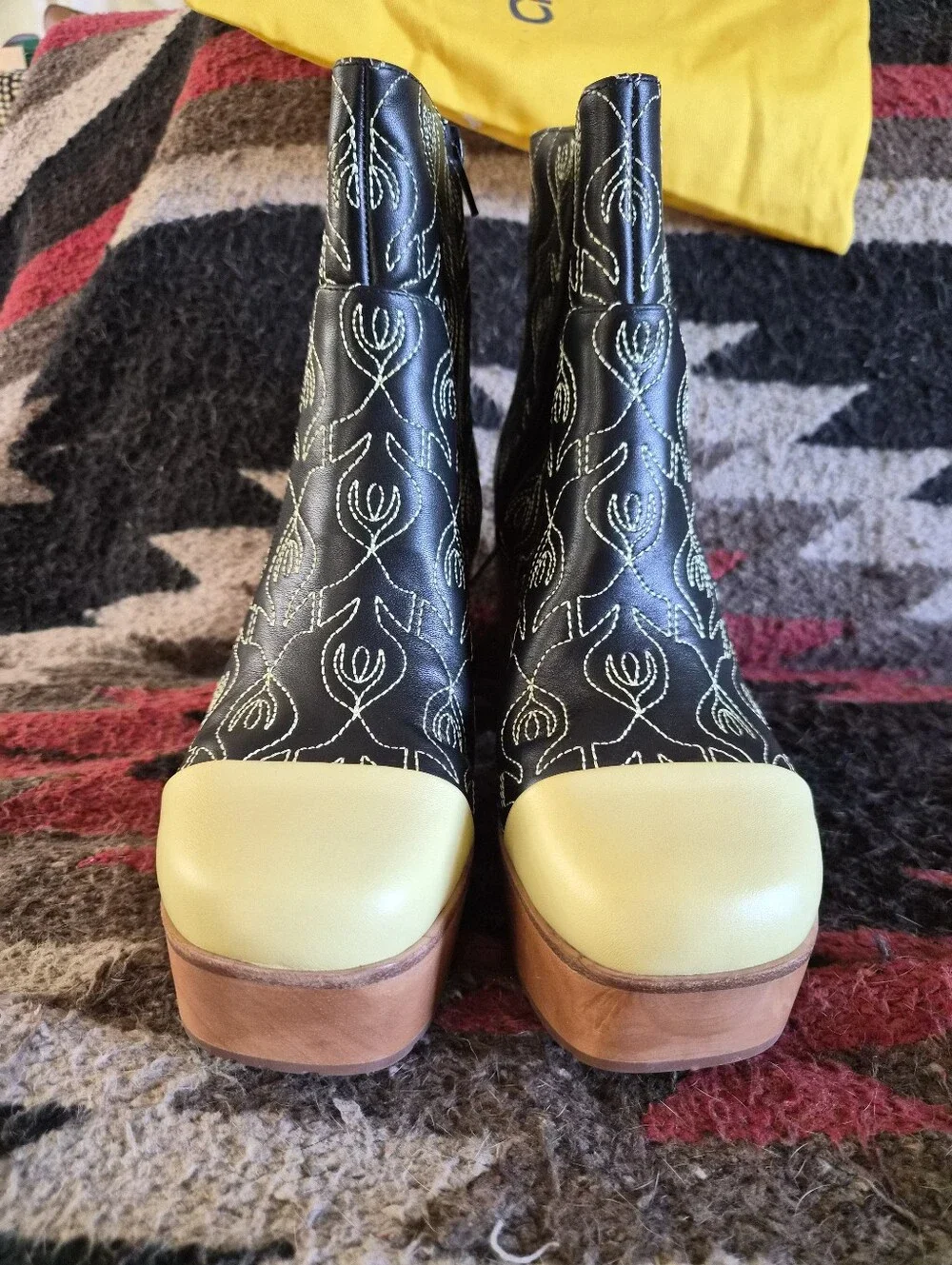 Charlotte Stone Black Embroidered Platform Ankle Boots with Cream Cap Toe